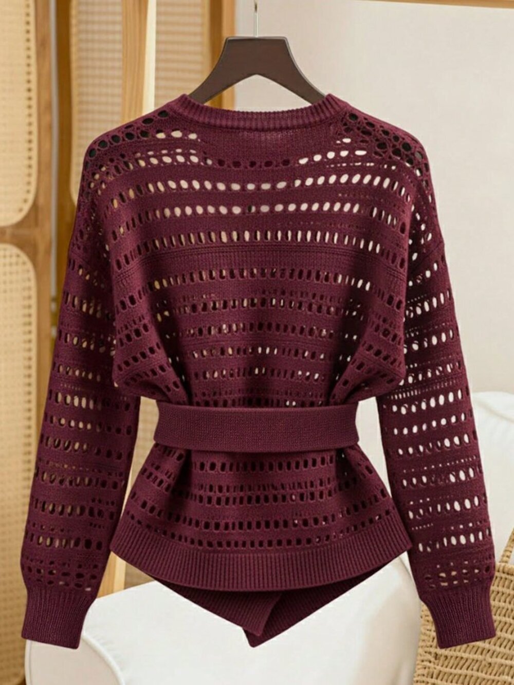 Red Hollow Knit Women's Pullover Sweater Waist, Round Neck, Lantern Sleeve